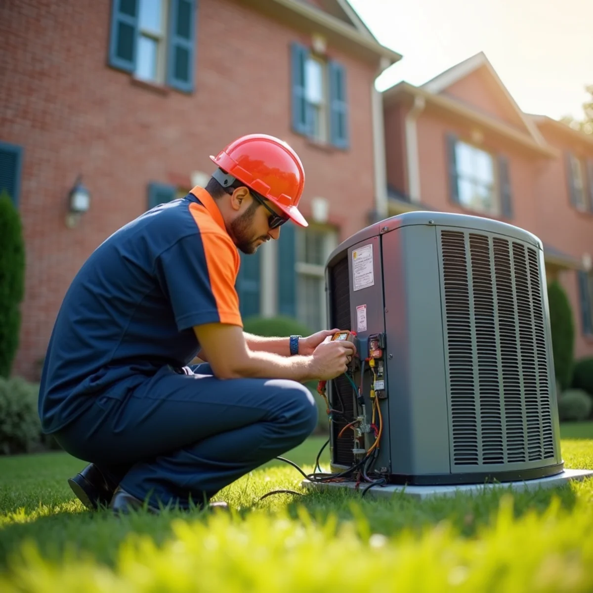 P&Y technician repairing a central air conditioner outside a Gaithersburg MD home