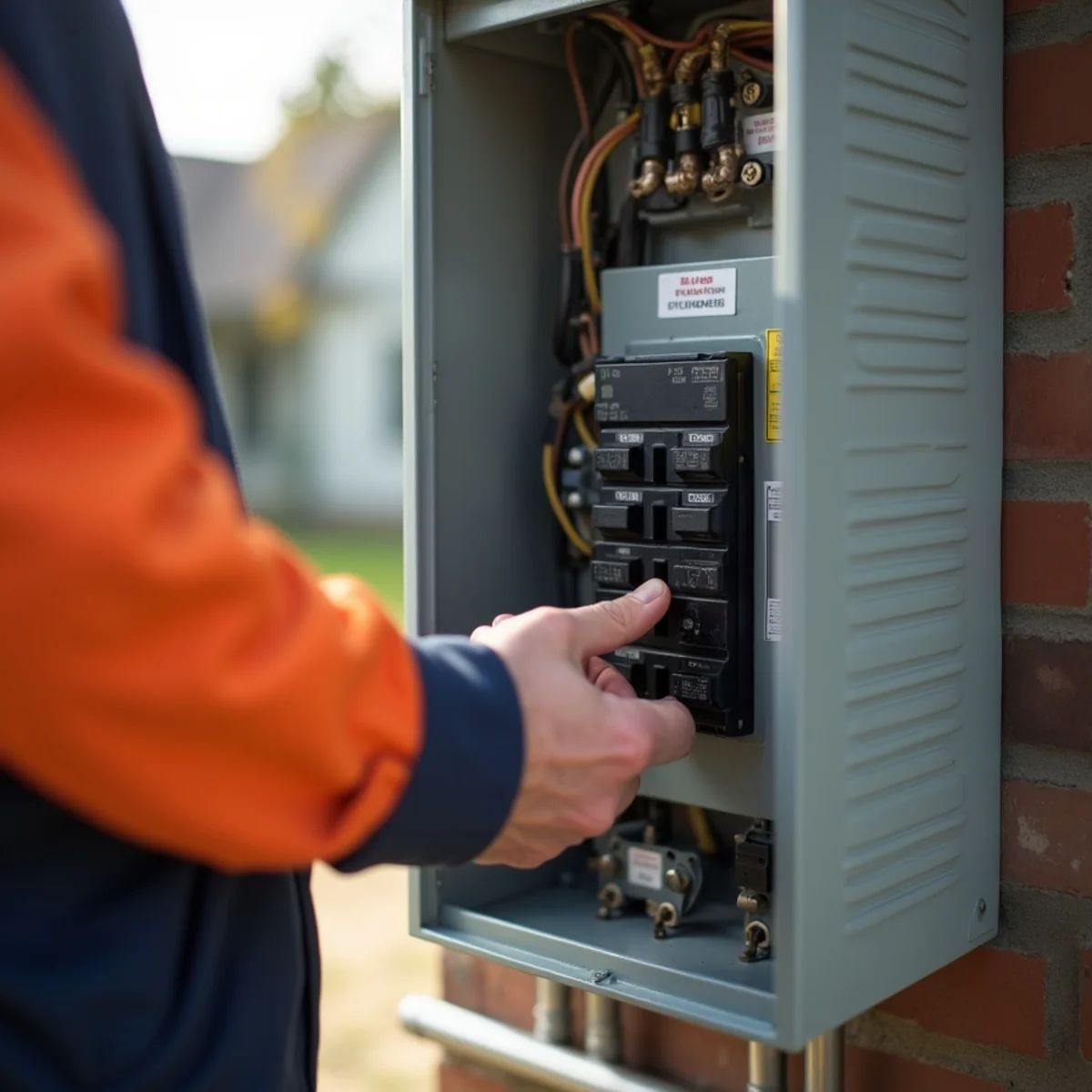Hand resetting a tripped circuit breaker in an electrical panel for an outdoor AC unit