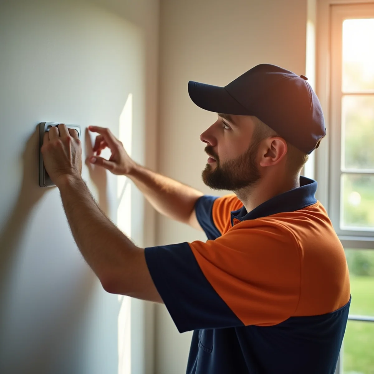 Homeowner checking a thermostat during a Maryland summer heat wave