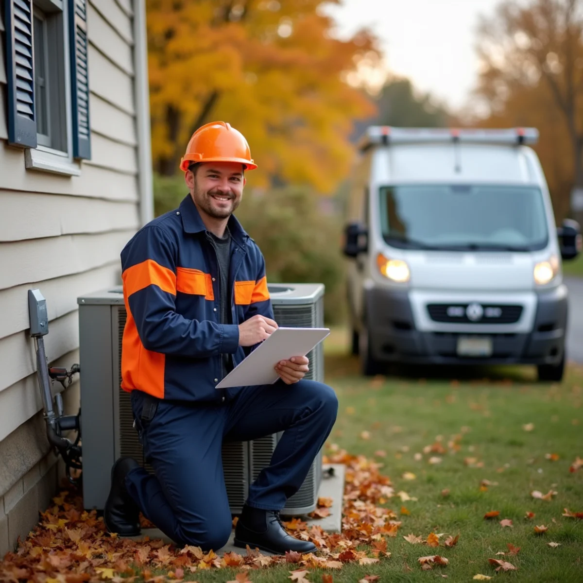 Fall HVAC maintenance checklist with a technician servicing a furnace