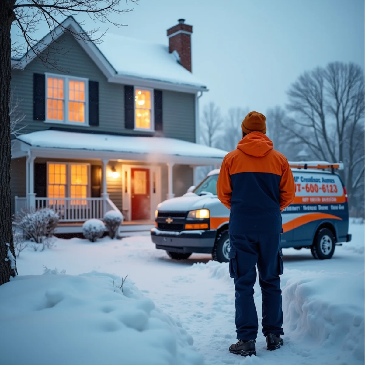 Snow-covered Maryland home in winter with heating running