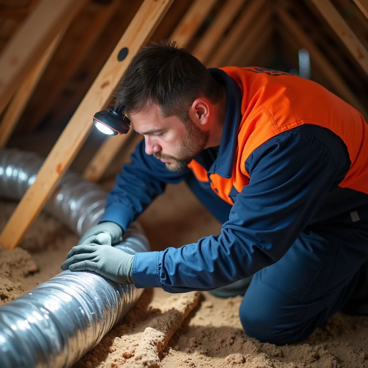 P&Y technician inspecting and sealing ductwork in a Gaithersburg MD home
