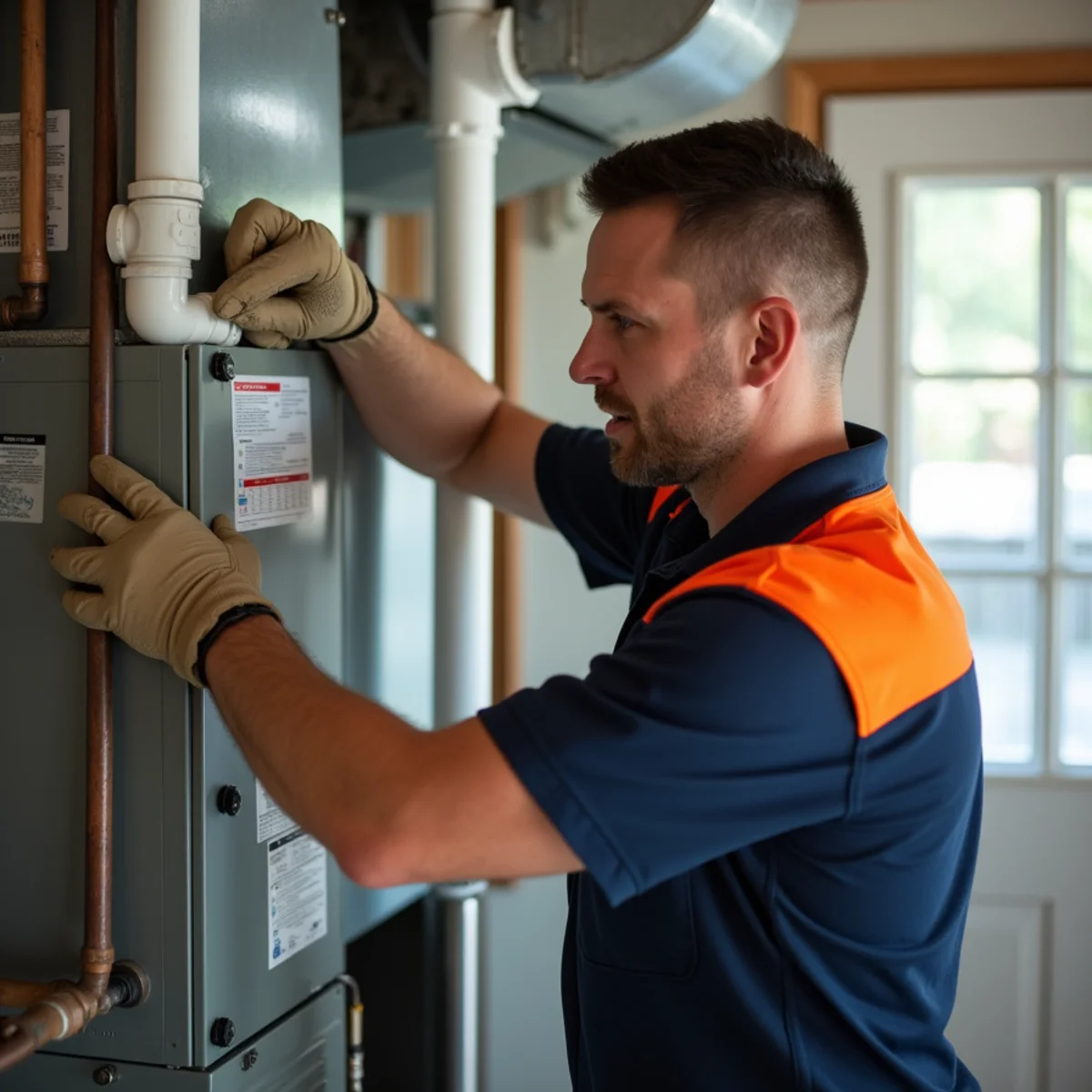 High-efficiency gas furnace newly installed in a Gaithersburg MD utility room by P&Y