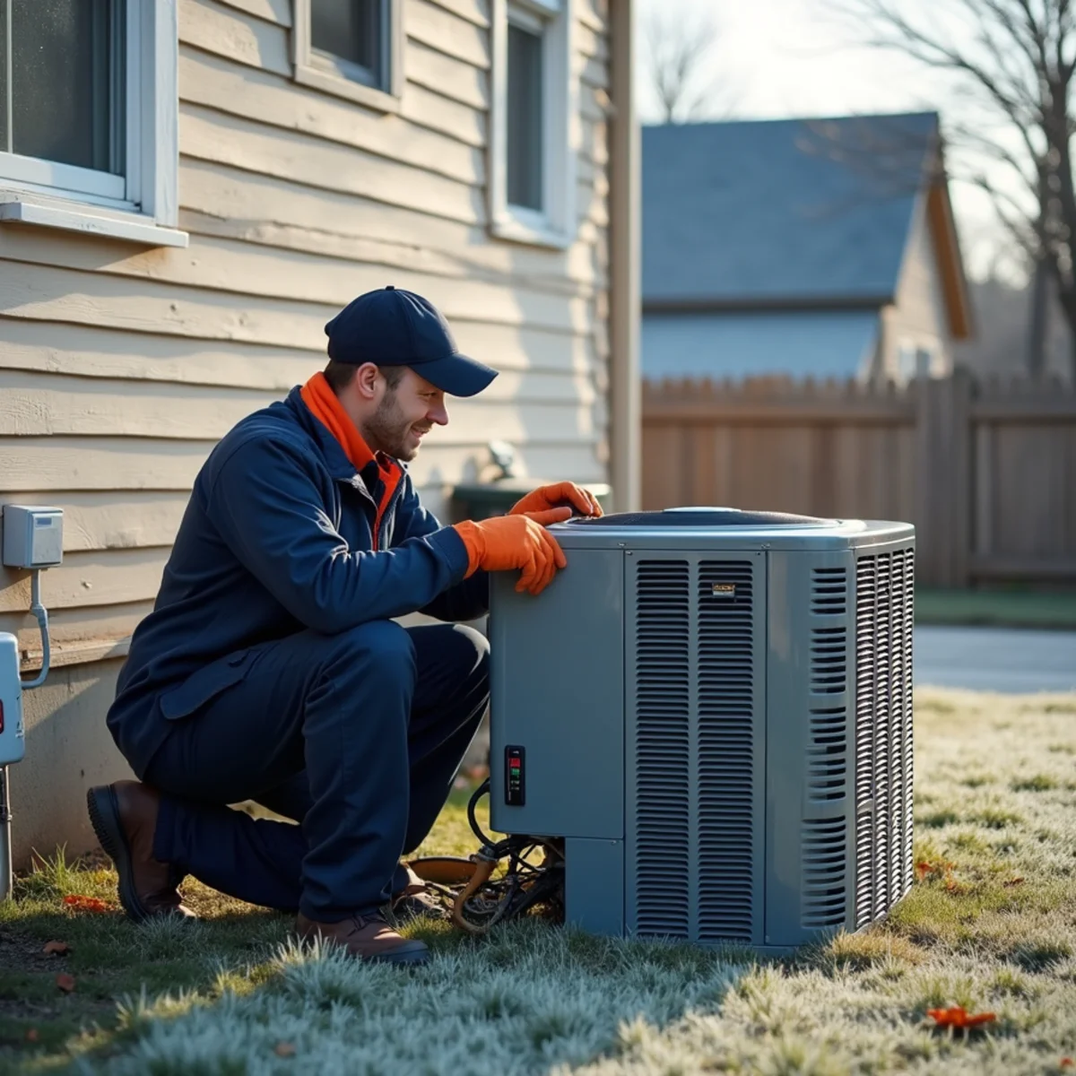 P&Y technician servicing a heat pump outside a Gaithersburg MD home in winter