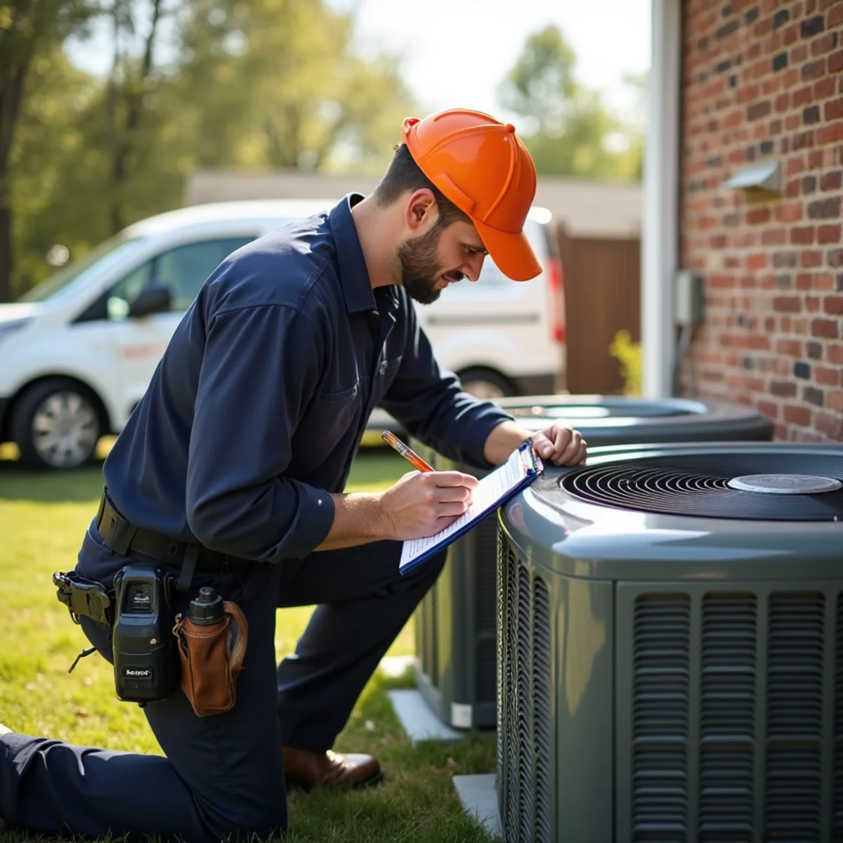 P&Y technician performing an HVAC tune-up on a system in a Gaithersburg MD home