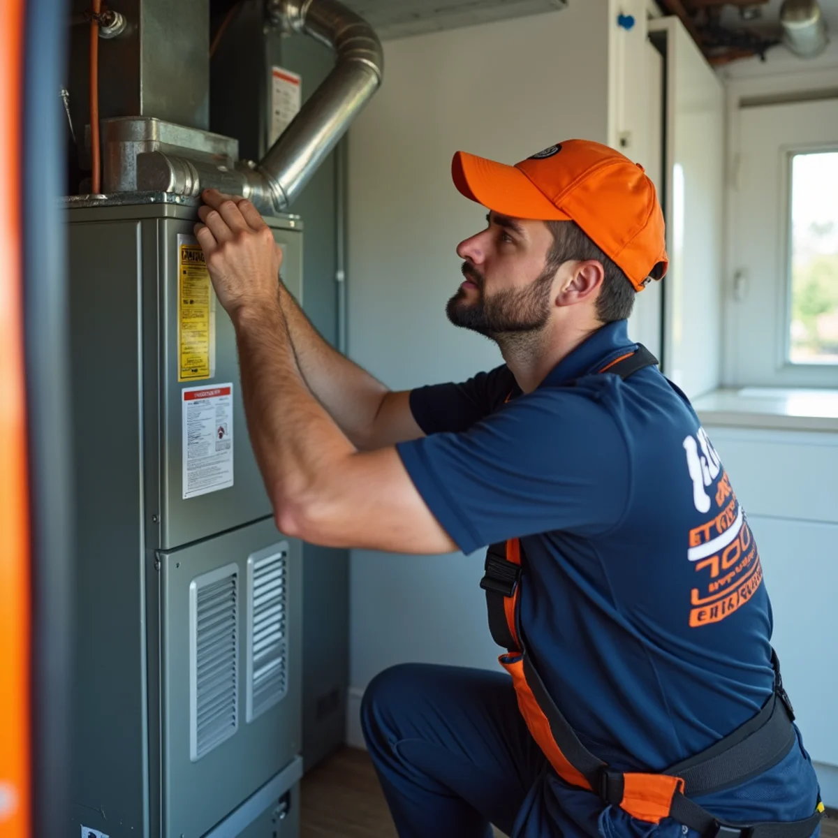 P&Y technician installing a whole-home air purifier on an HVAC system in Gaithersburg MD
